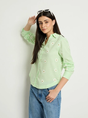 Thermal Regulation Fabric Asymmetrical Cut Madame Floral Embroidery Green Cotton Shirt