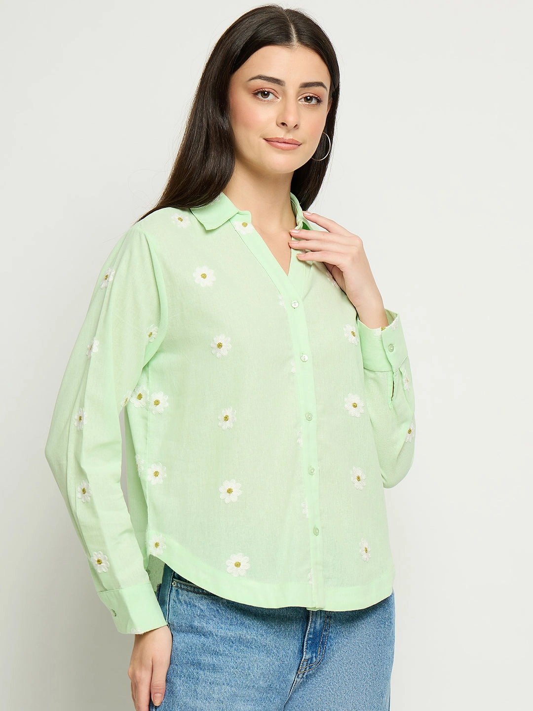 Madame Floral Embroidery Green Cotton Shirt Chilly Weather Wear