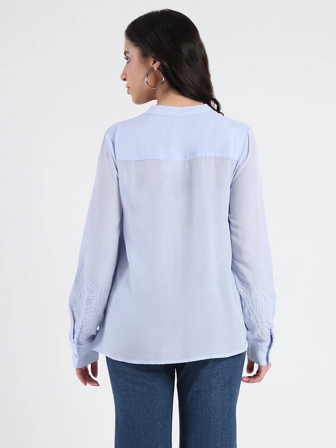 Madame Tencel Blend Embroidery Detail Blue Shirt Eco Friendly Dye