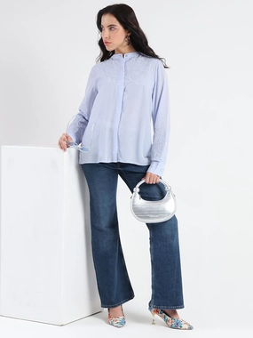 Madame Tencel Blend Embroidery Detail Blue Shirt Cozy Option Minimalist Look