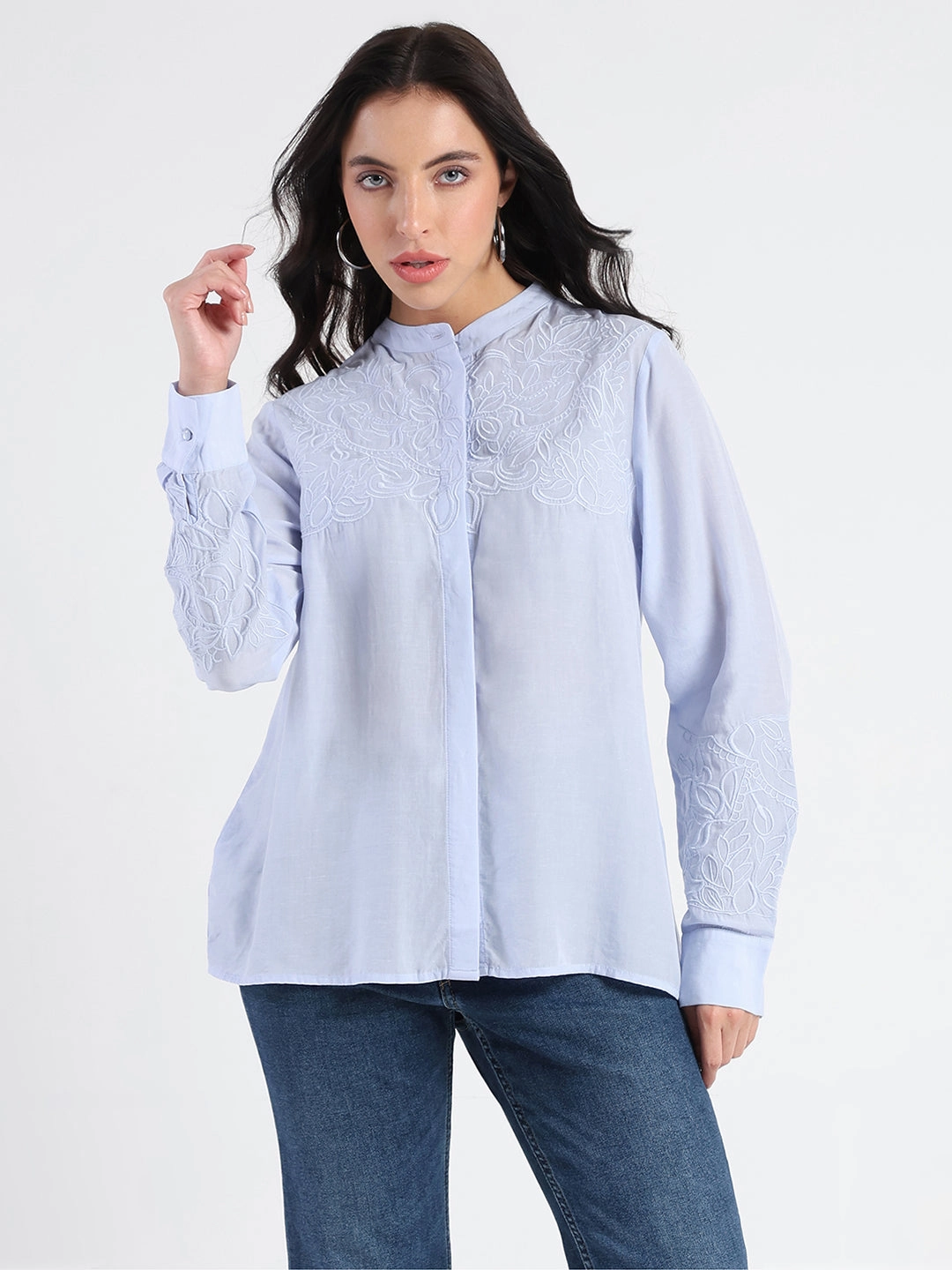 Madame Tencel Blend Embroidery Detail Blue Shirt Fashion Choice