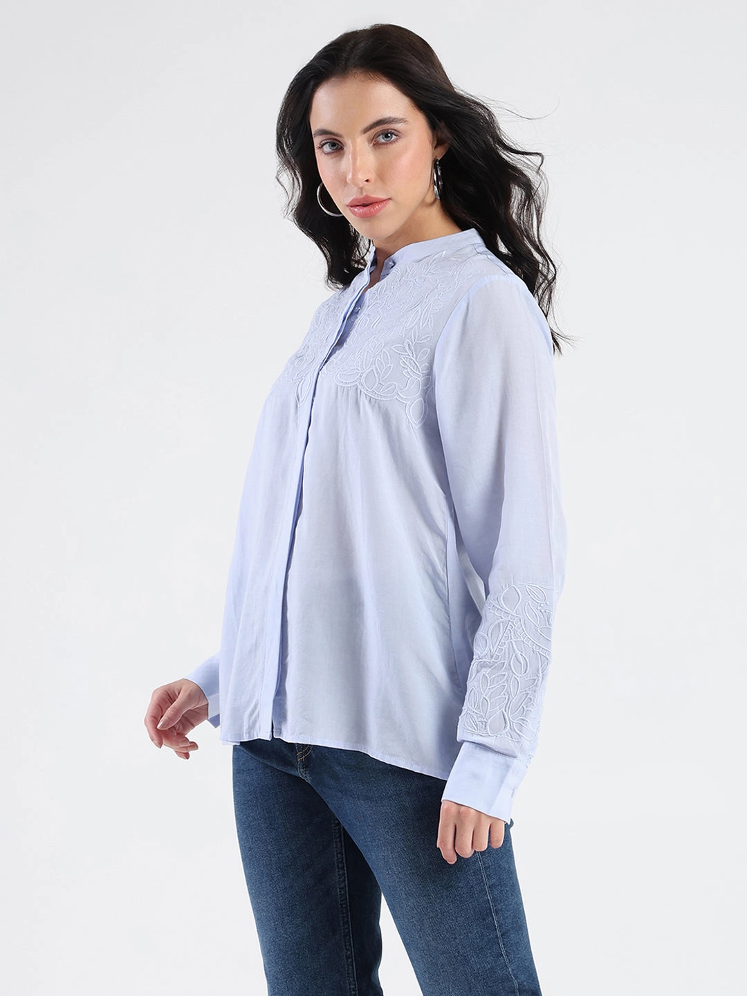 Customizable Option Madame Tencel Blend Embroidery Detail Blue Shirt