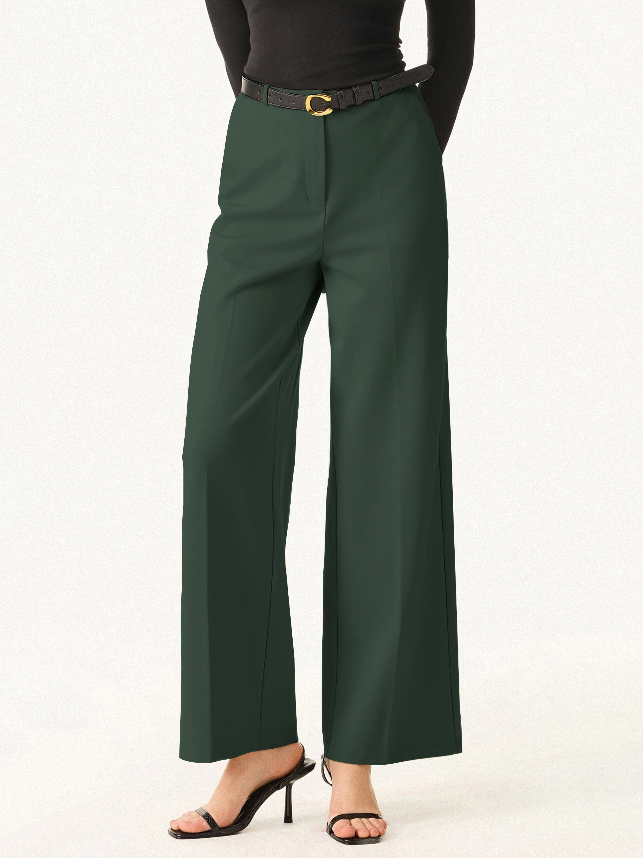 Chilly Comfort Wrinkle-Resistant High Rise Wide Leg Fly-Front Trousers with Pockets