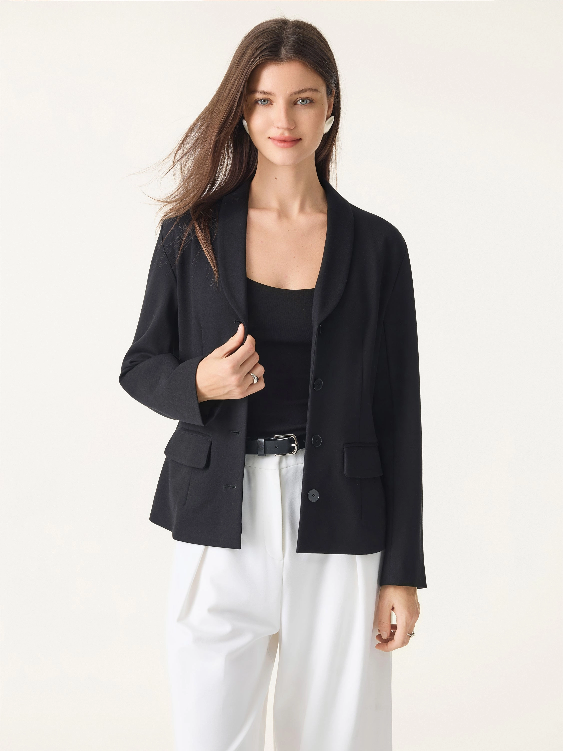 Stretch Shawl Lapel Button Front Blazer with Pockets Breathable Microfiber Moisture wicking