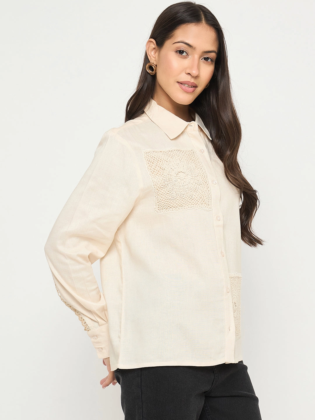 Madame Patchwork and Lace Detailed Beige Cotton Shirt Simple Layer