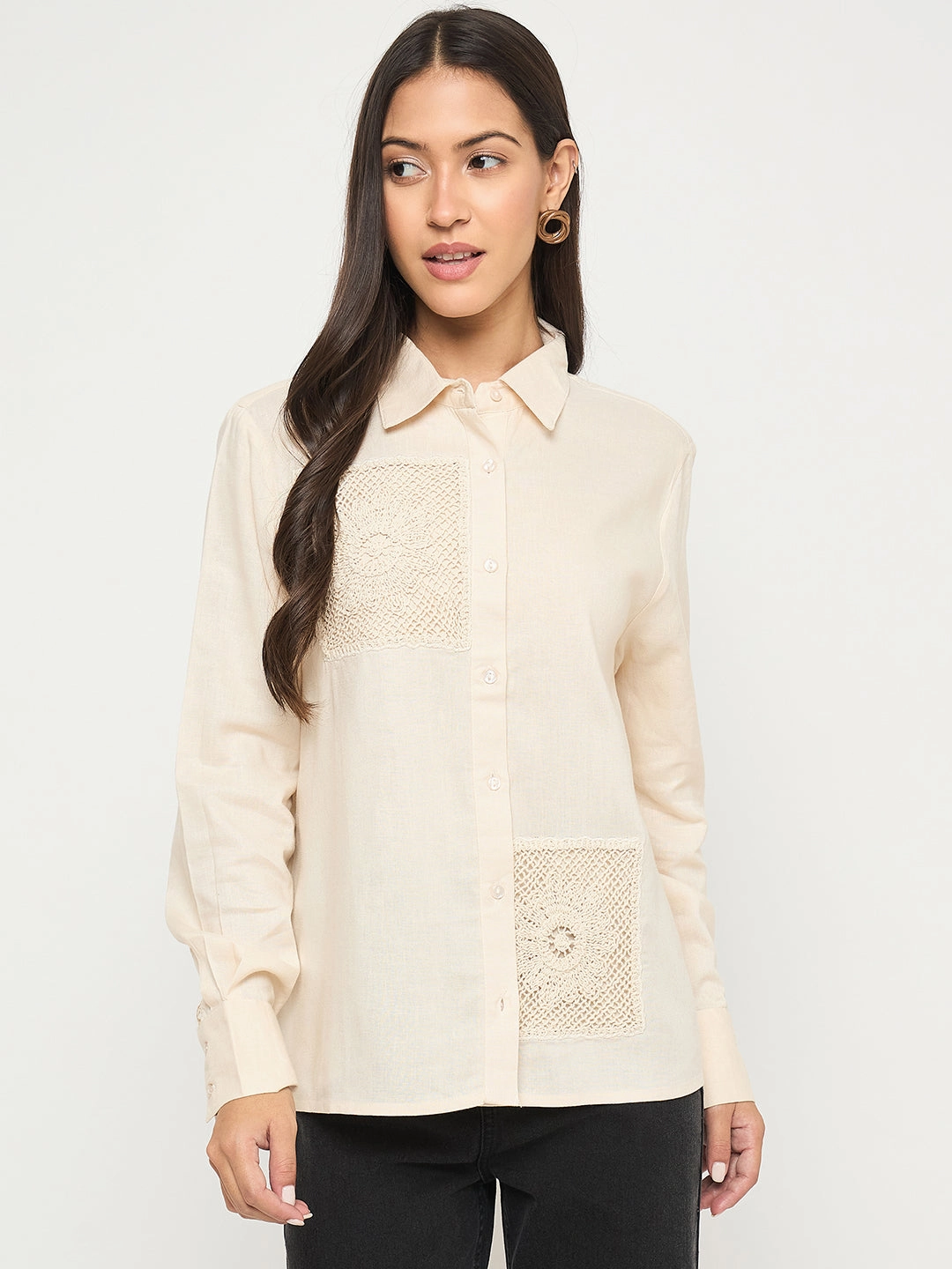 Madame Patchwork and Lace Detailed Beige Cotton Shirt Sporty Style Thermoregulating Layer