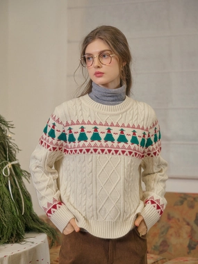 Multi Panel Temperature Regulating Lining Charlize Fair Isle Ribbed Round Neck Christmas Wool Sweater