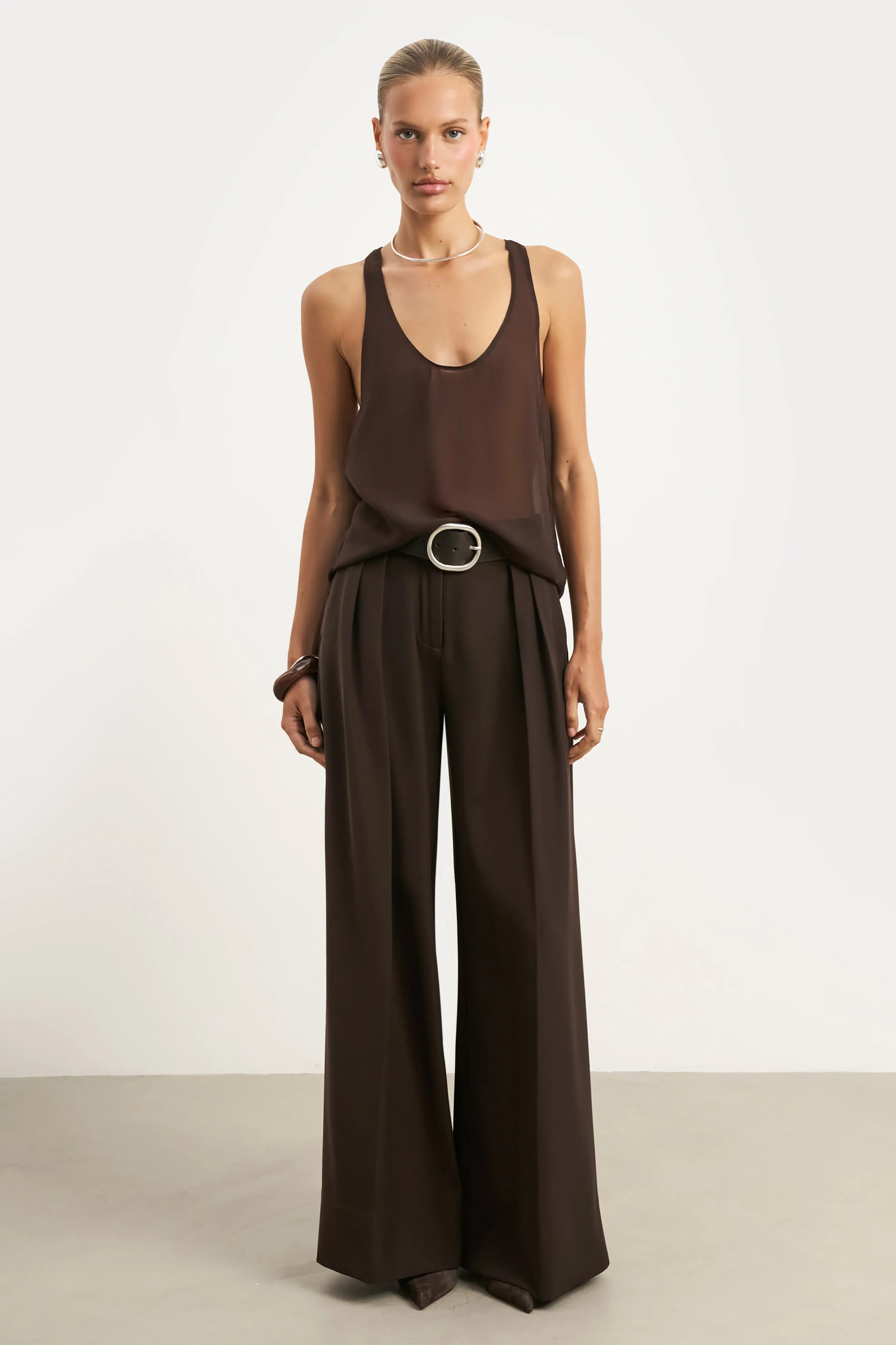 Sheer Plunge U Neck Tank Top - Carob MultiPocket Design Durable Hem Stitching