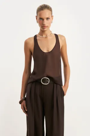 Sheer Plunge U Neck Tank Top - Carob Roll Up Sleeve System AntiStatic Coating