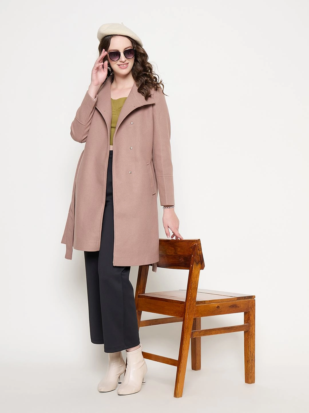 Madame Front Pocketed Textured Blush Long Wrap Coat Flexible Shoulder Gussets Water Resistant Shell