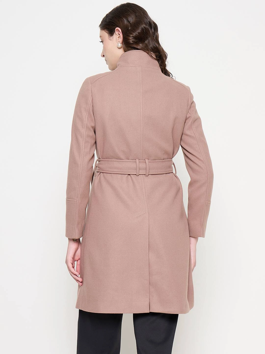 Madame Front Pocketed Textured Blush Long Wrap Coat Stowable Hood Recycled Material Construction