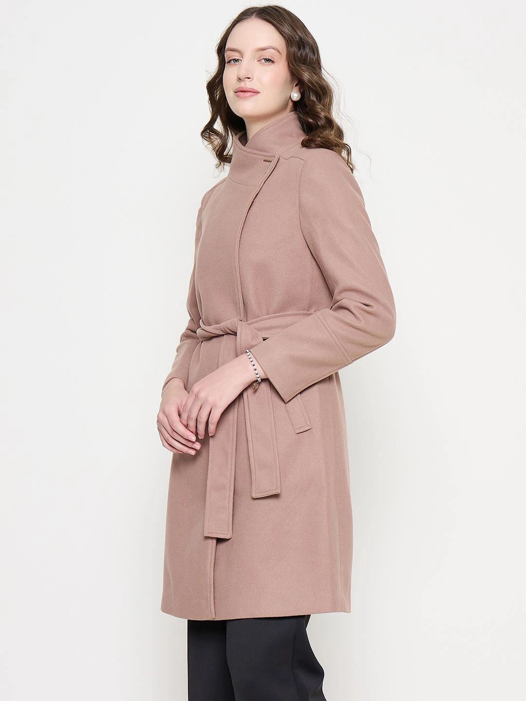 Madame Front Pocketed Textured Blush Long Wrap Coat Bonded Seam Construction
