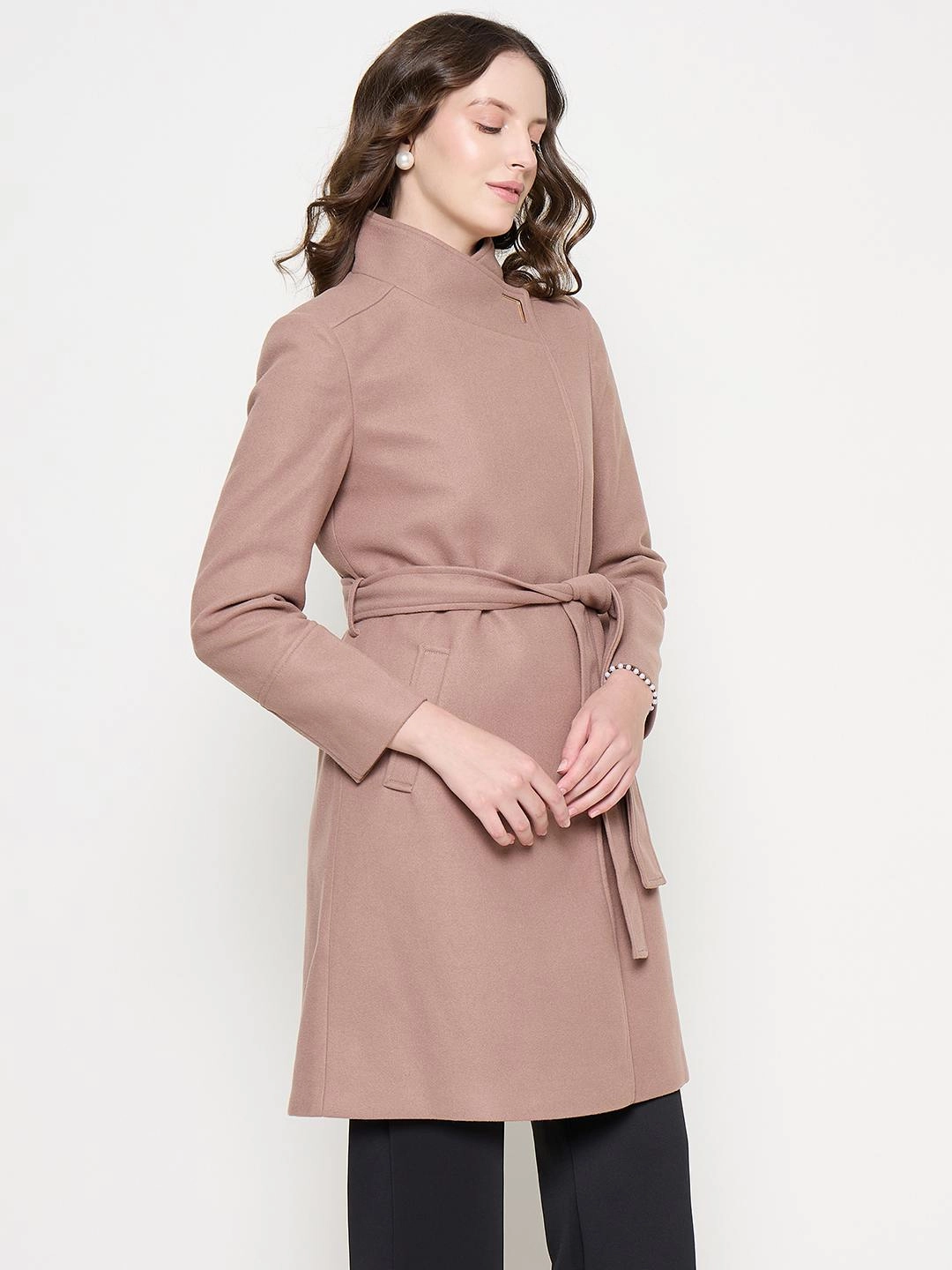 Cold Climate Airtight Fasteners Madame Front Pocketed Textured Blush Long Wrap Coat
