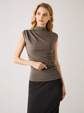 Asymmetrical Ruching Mockneck Tank Top High Collar Option