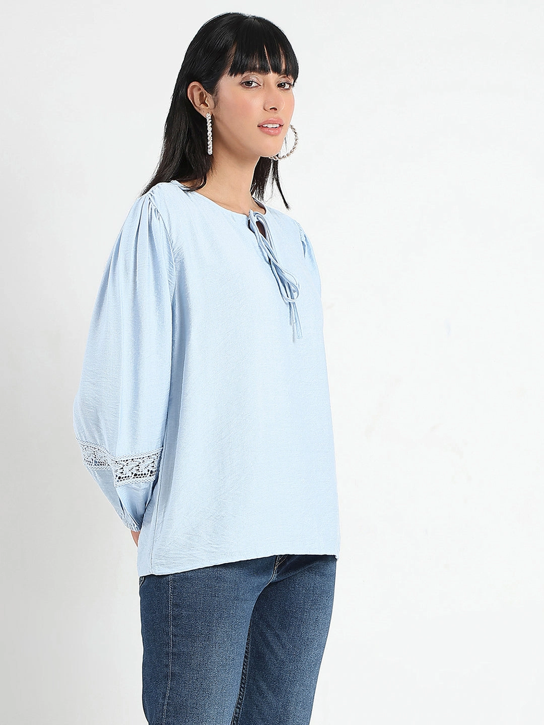Temperature Control Fabric Madame Tie Neck Powder Blue Rayon Blend Top