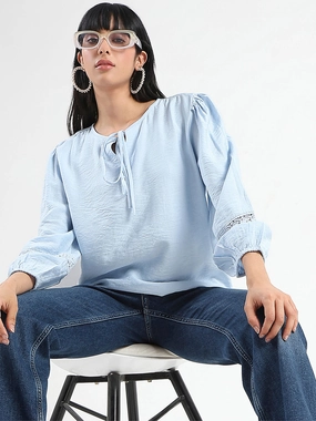 Adjustable Hemline Madame Tie Neck Powder Blue Rayon Blend Top