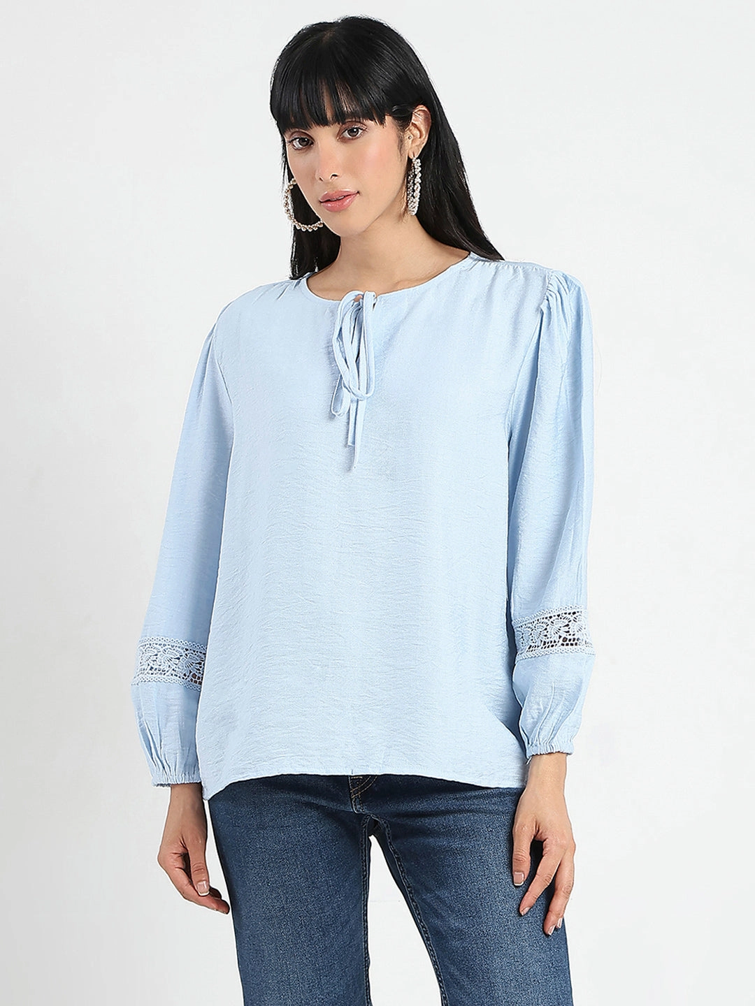 Madame Tie Neck Powder Blue Rayon Blend Top Relaxed Tank