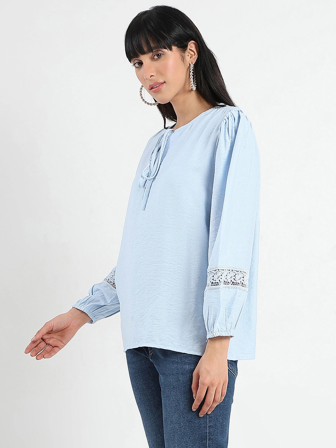 Madame Tie Neck Powder Blue Rayon Blend Top Flexible Hemline