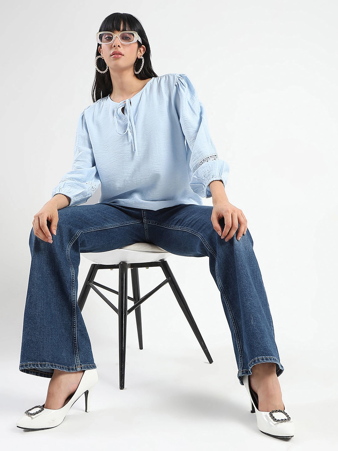 Garment Washed Madame Tie Neck Powder Blue Rayon Blend Top