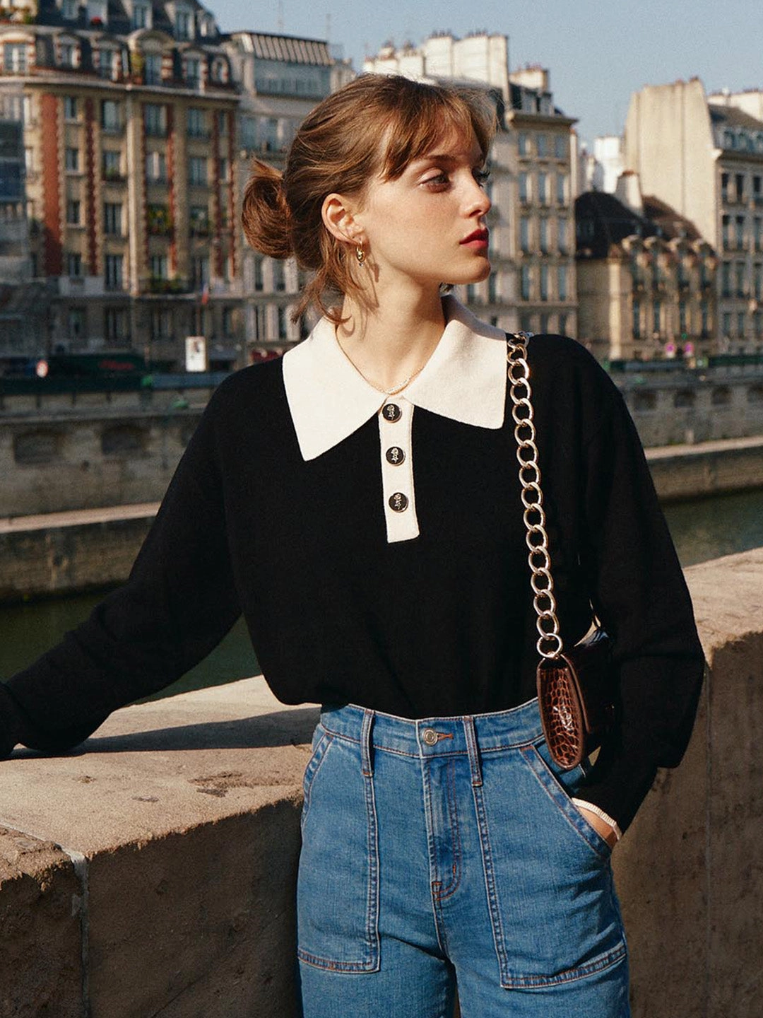 Selena Polo Contrast Collar 100% Wool Black Knit Sweater Clean Aesthetic