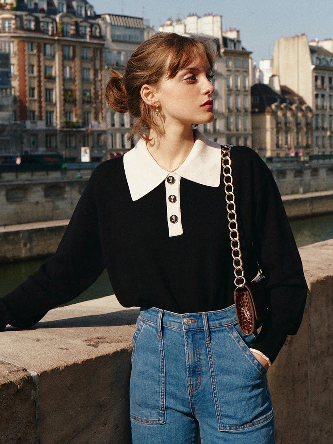 Selena Polo Contrast Collar 100% Wool Black Knit Sweater MoistureControl Fabric All Day Comfort