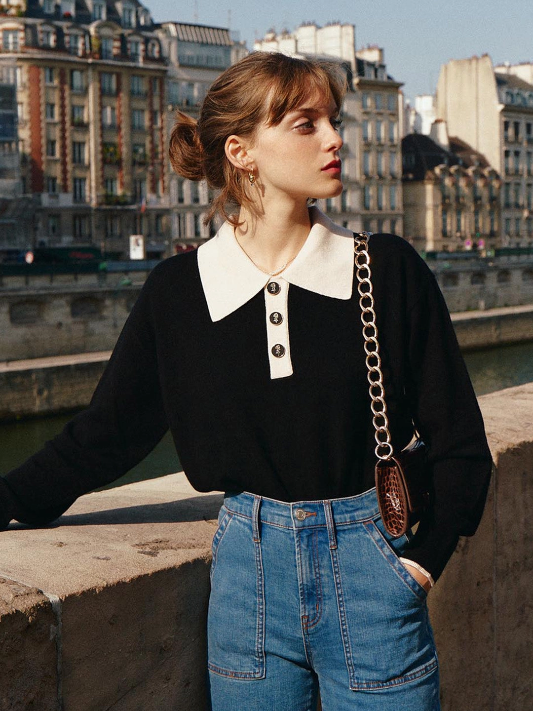 Selena Polo Contrast Collar 100% Wool Black Knit Sweater Breathable mesh lining Day Layer