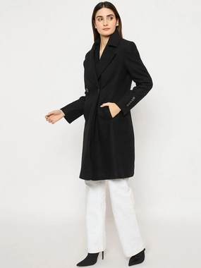 Heat Retention Layer Casual City Madame Front Welt Pocketed Double Breasted Black Long Coat