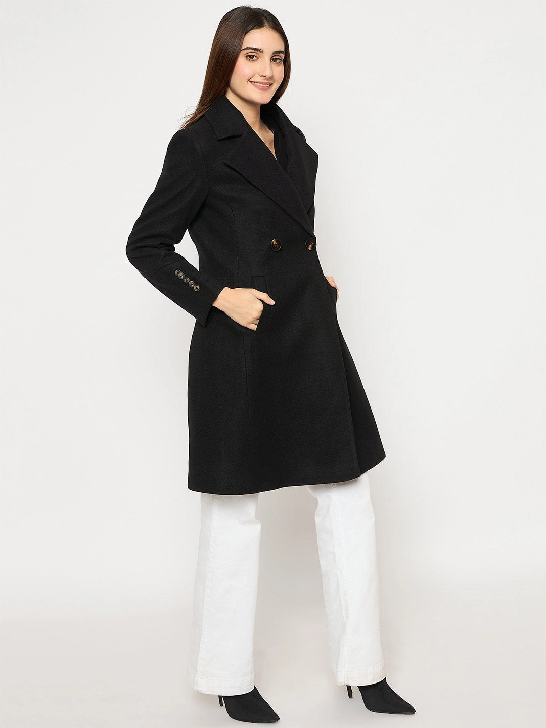 StretchableMaterial Madame Front Welt Pocketed Double Breasted Black Long Coat