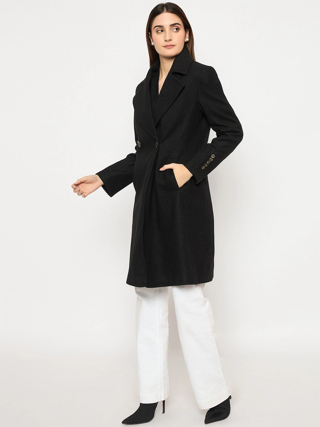 Heat Retention Layer Casual City Madame Front Welt Pocketed Double Breasted Black Long Coat