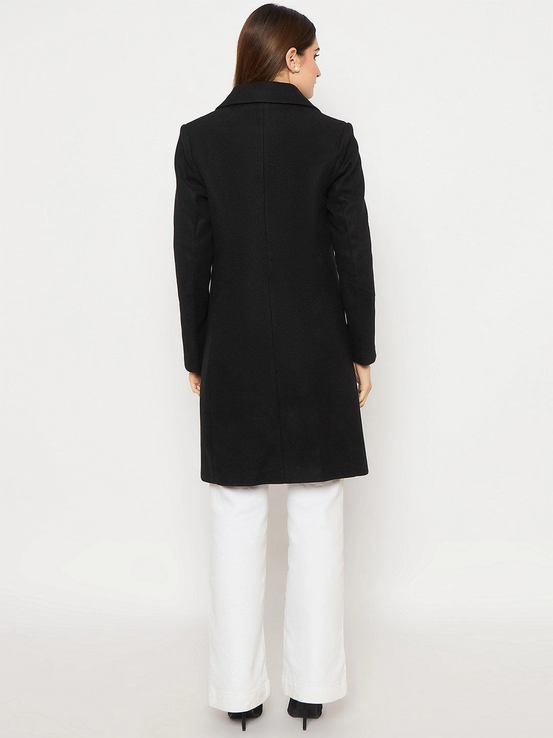 Madame Front Welt Pocketed Double Breasted Black Long Coat NonBulkyLayering
