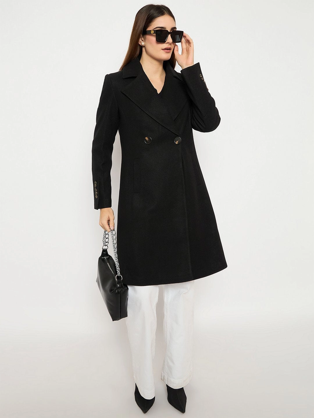 Madame Front Welt Pocketed Double Breasted Black Long Coat Double layer fabric RubberizedTrim