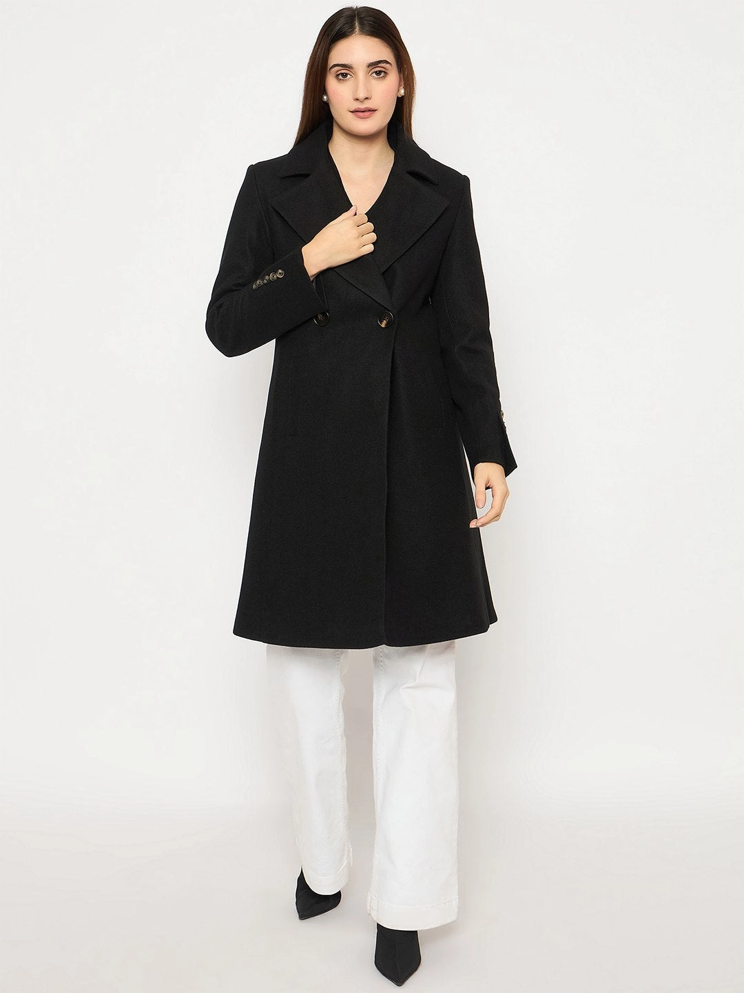 Madame Front Welt Pocketed Double Breasted Black Long Coat RubberizedButtonClosures