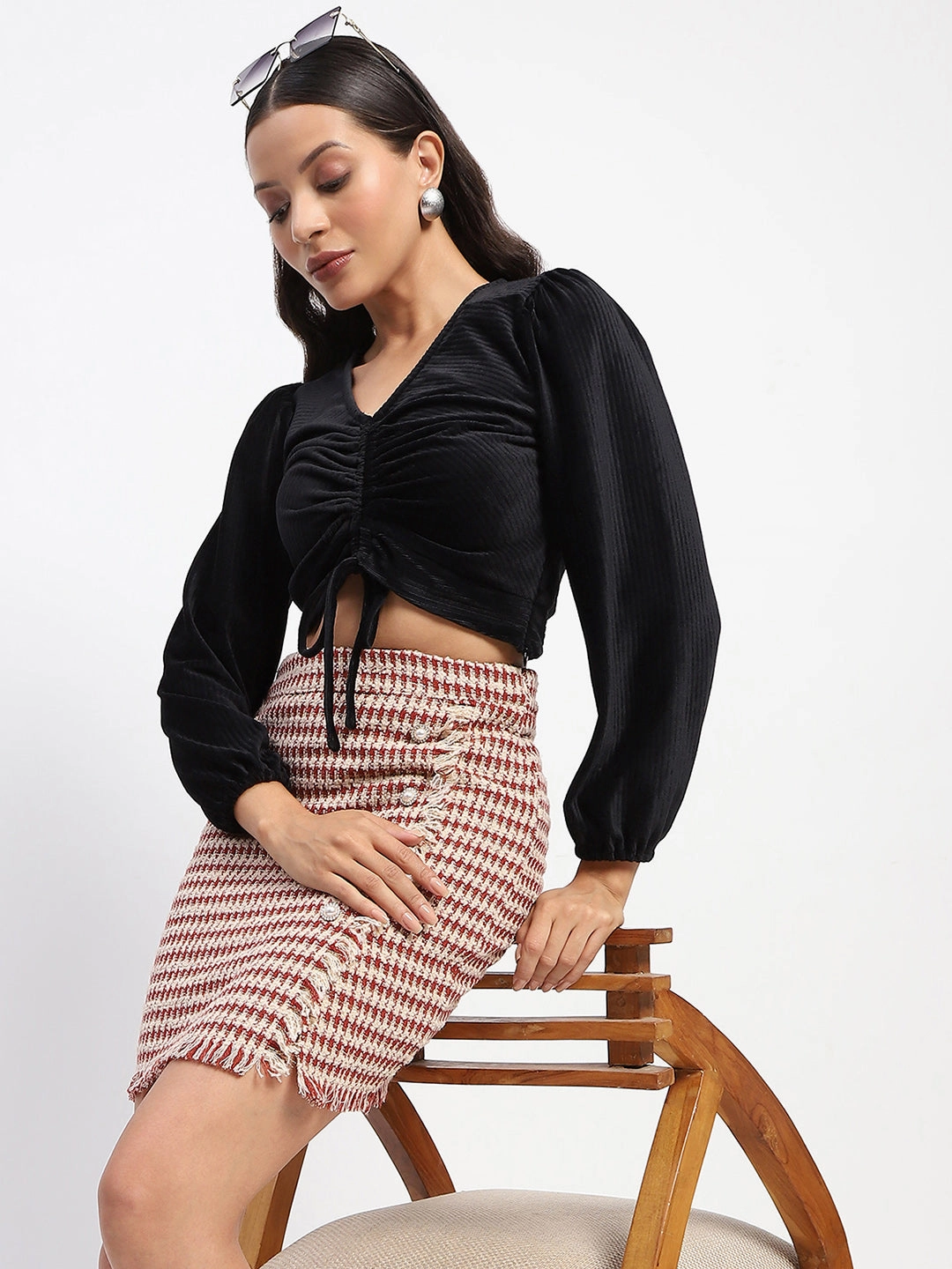 Madame Ruched V Neck Puff Sleeve Crop Top AntiOdorTechnology
