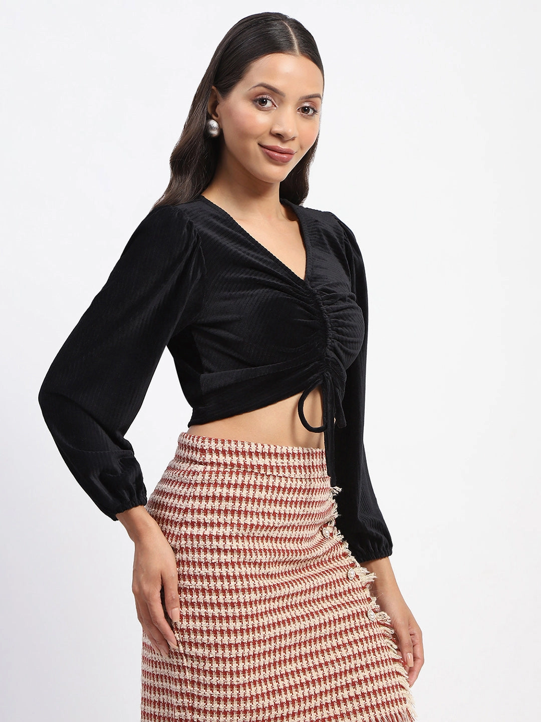 High Collar Option FoldableFeature Madame Ruched V Neck Puff Sleeve Crop Top