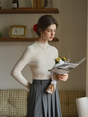 Erin 100% Wool Simple Mock Neck Slim Fit Sweater - Apricot Modern Casual Look Day Wear