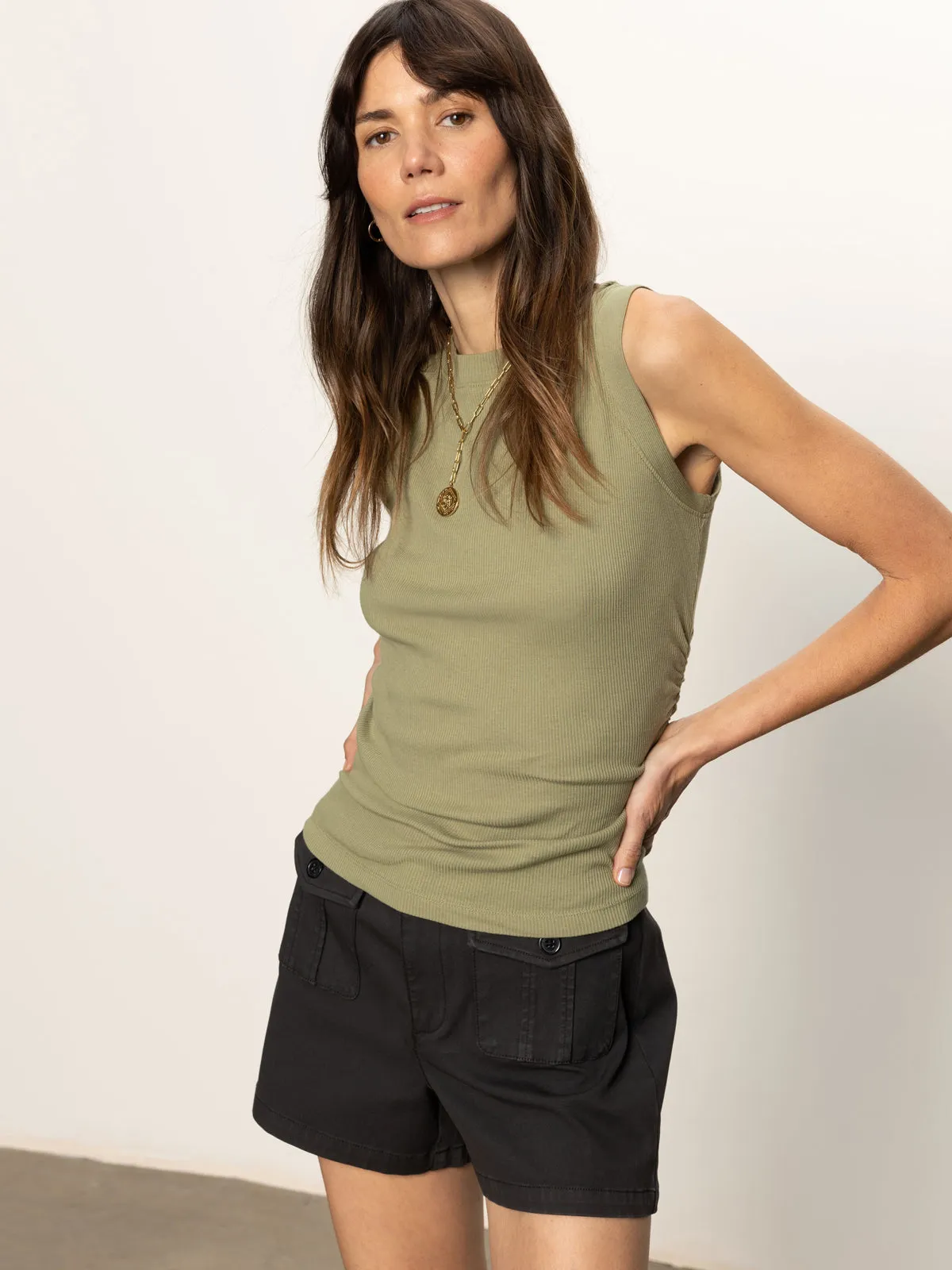 Ribbed Ruched Tank Sage Breathable Stretch