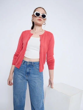 LowProfileZipperSystem Odor Resistant Technology Madame Solid Coral Button Down Crew Neck Cardigan