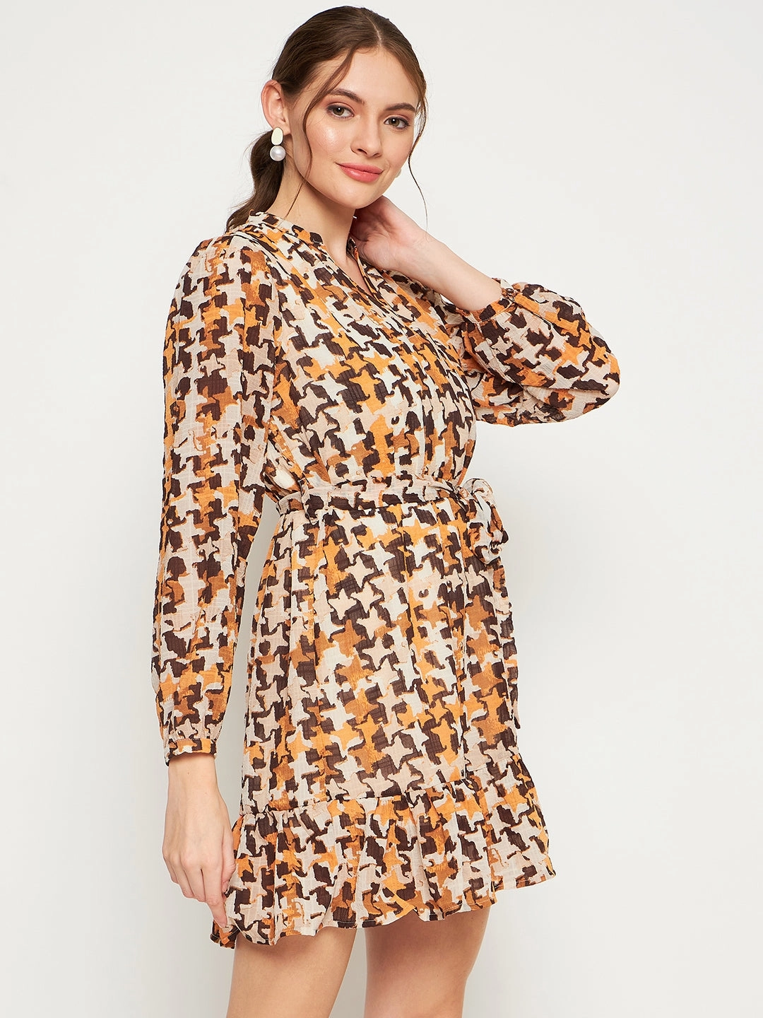 Waist-Cinching Madame Beige Abstract Print Self-Belted Dress