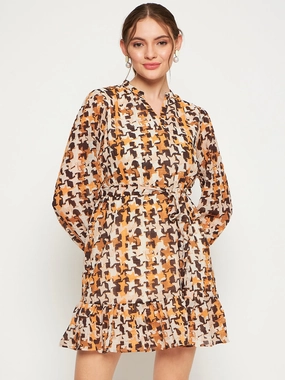 Comfortable Cut Madame Beige Abstract Print Self-Belted Dress