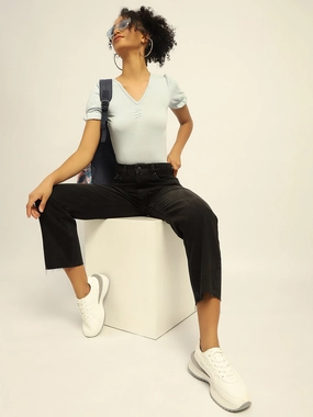 Textured Smart Casual Road Trip Madame Black Loose Fit Cotton Jeans