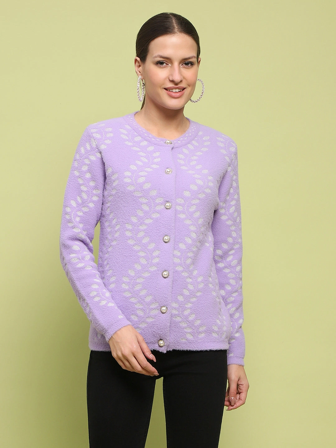 Madame Self Design Buttoned Lilac Cardigan AdjustableHemCuffs PreShrunk Fabric