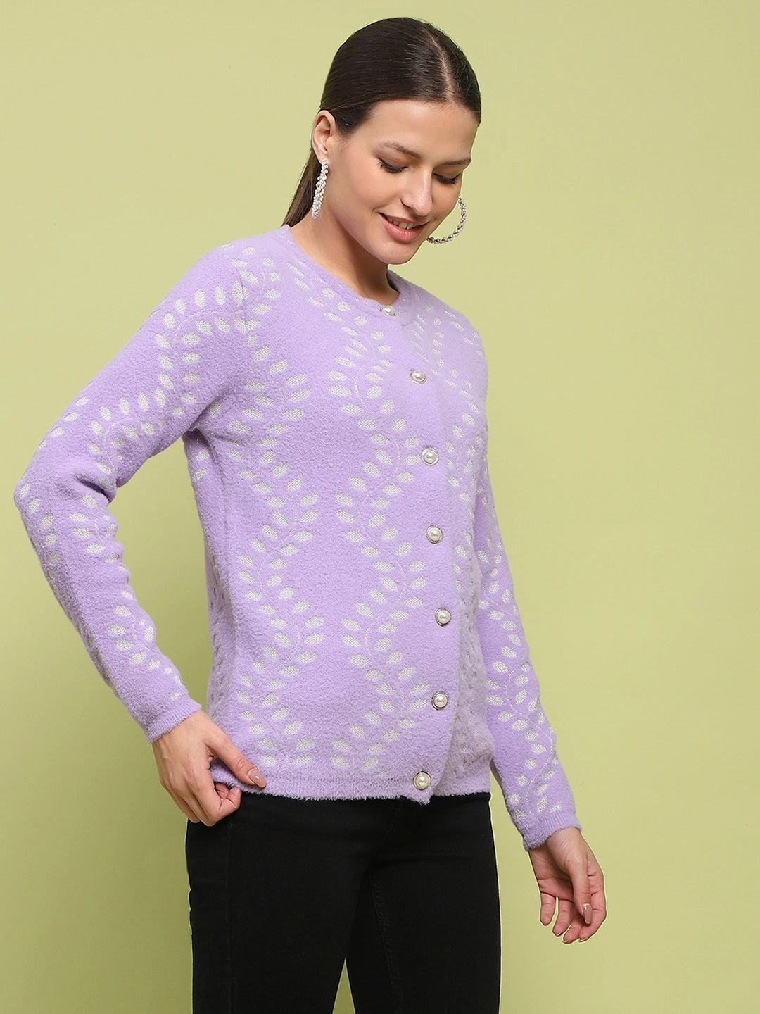 MinimalistStyle Self Fabric Tie Madame Self Design Buttoned Lilac Cardigan