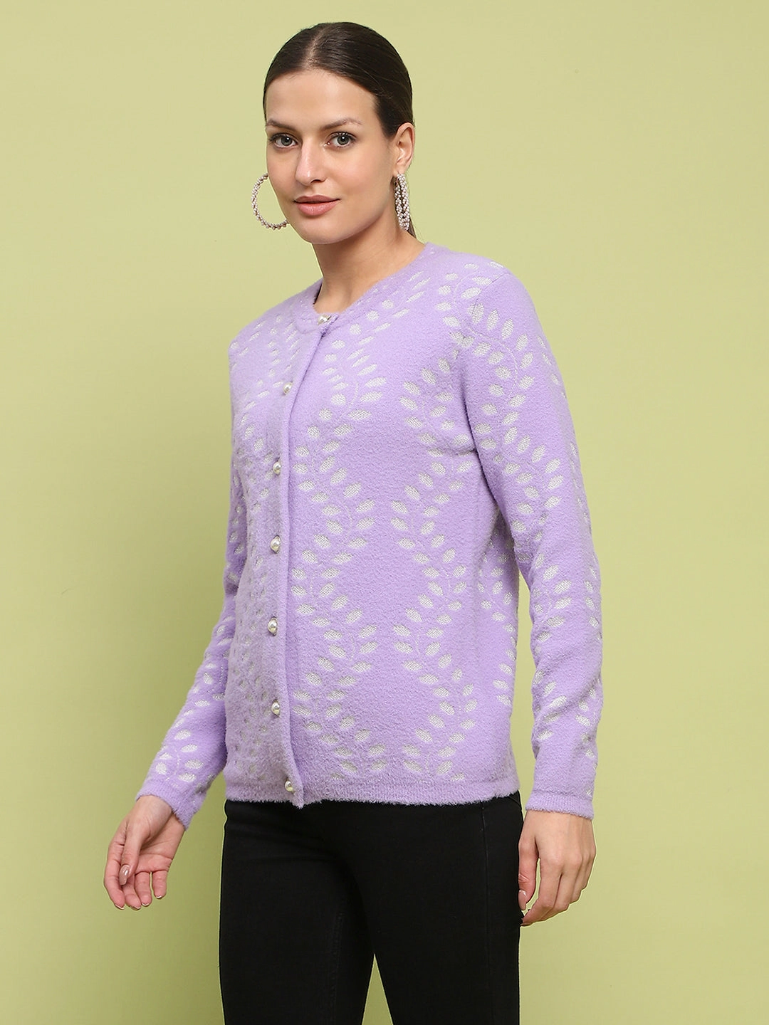 Temperature Regulating Fabric Madame Self Design Buttoned Lilac Cardigan