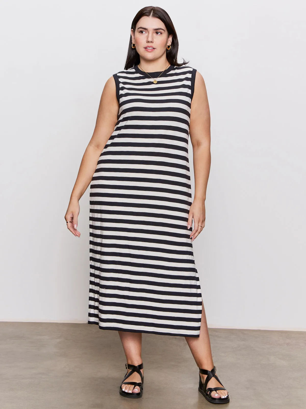 Active Moments Fresh Stitch Contrast Trim Maxi Dress Black Macrame Stripe Extended Sizing