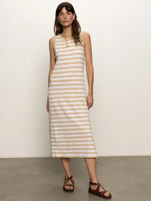 Contrast Trim Maxi Dress Sandstone White Stripe Button Accent Flare Breeze