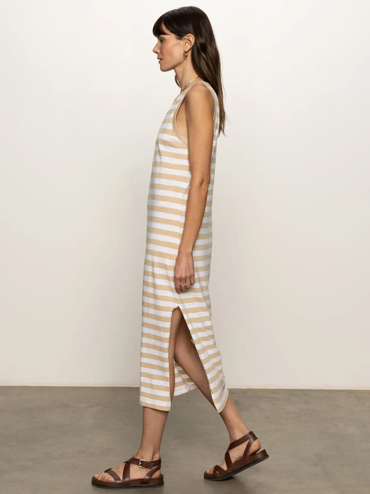 Travel Option Bright Bloom Contrast Trim Maxi Dress Sandstone White Stripe