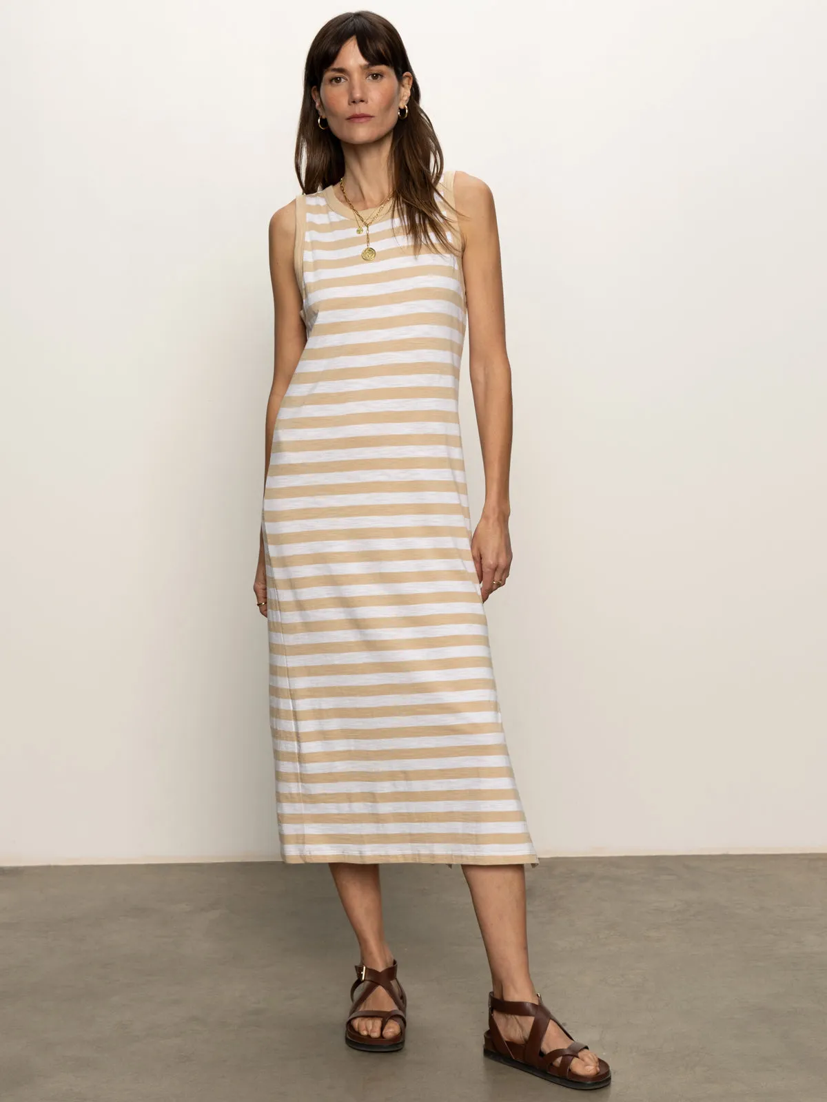 Contrast Trim Maxi Dress Sandstone White Stripe Button Accent Flare Breeze