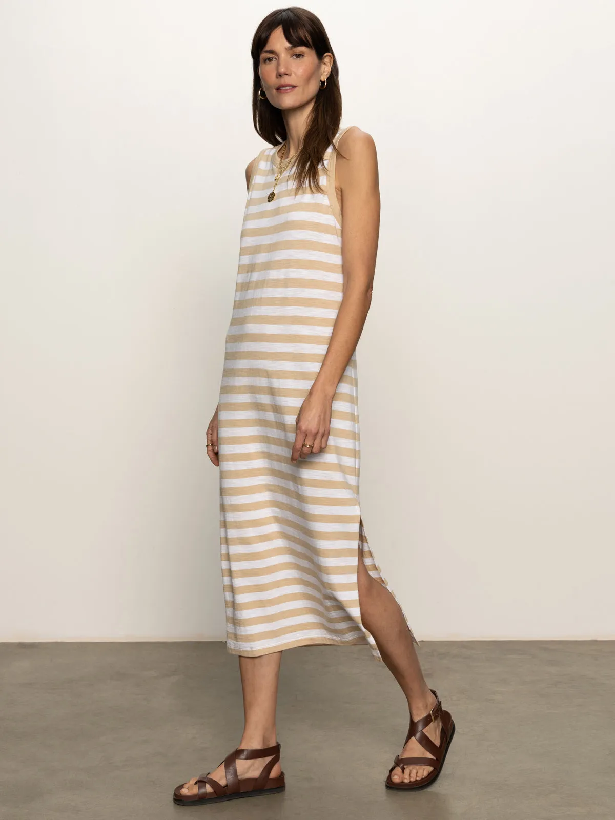 Contrast Trim Maxi Dress Sandstone White Stripe Office Glam Refined touch
