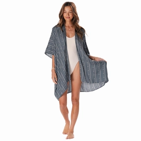Soft Inner Lining Casual Style Charcoal Grey Tribal Stripe Kimono
