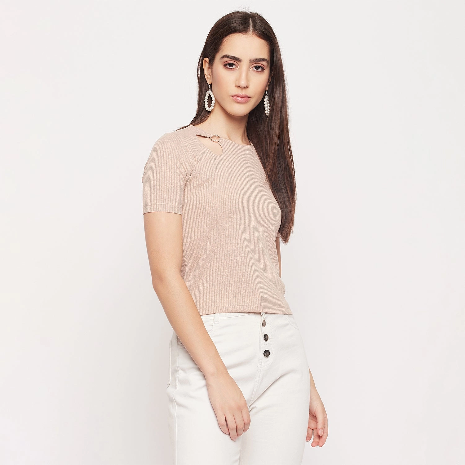 Flexible Knit Fabric Madame Keyhole Detailed Beige Top